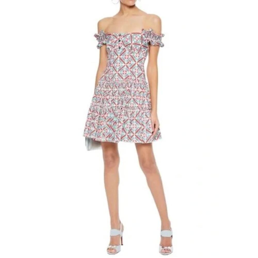 Caroline Constas Maria Square Neck Tiered Ruffle Off Shoulder Mini Dress Resort